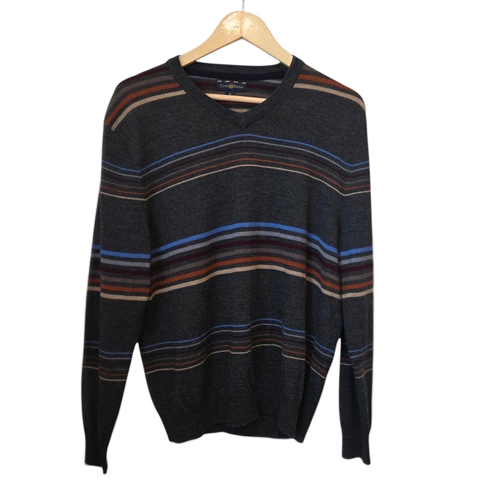 Club Room Sweater Merino Wool Blend Striped V-Neck Regular Gray Preppy Men M